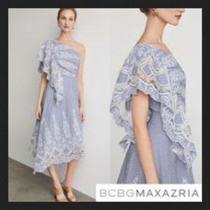 One-shoulder Embroidered Stripe Midi Dress In Blue White Combo